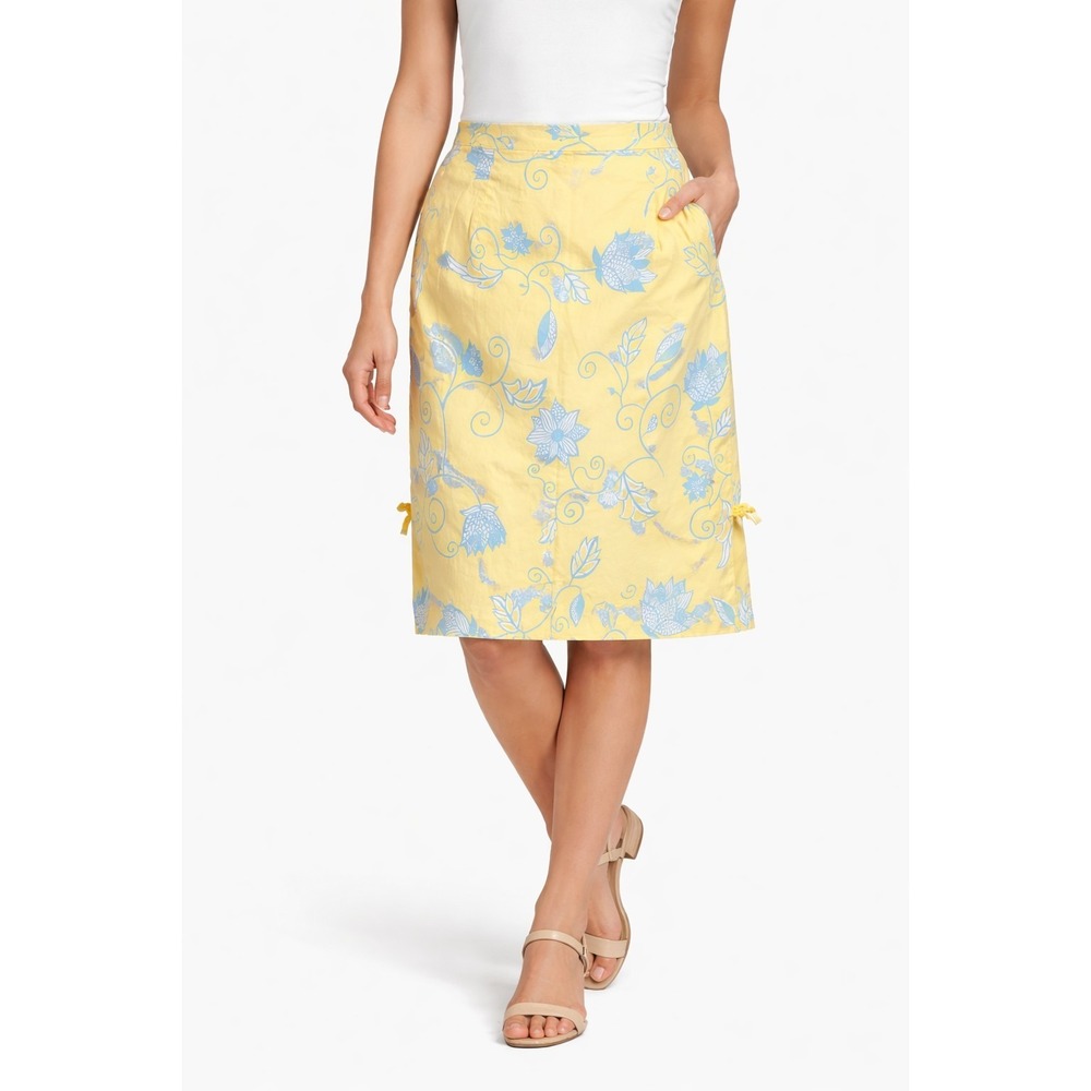 Tibi Yellow Blue Floral Skirt Women Sz 12 Cotton‎ Stretch Knee Length Coquette